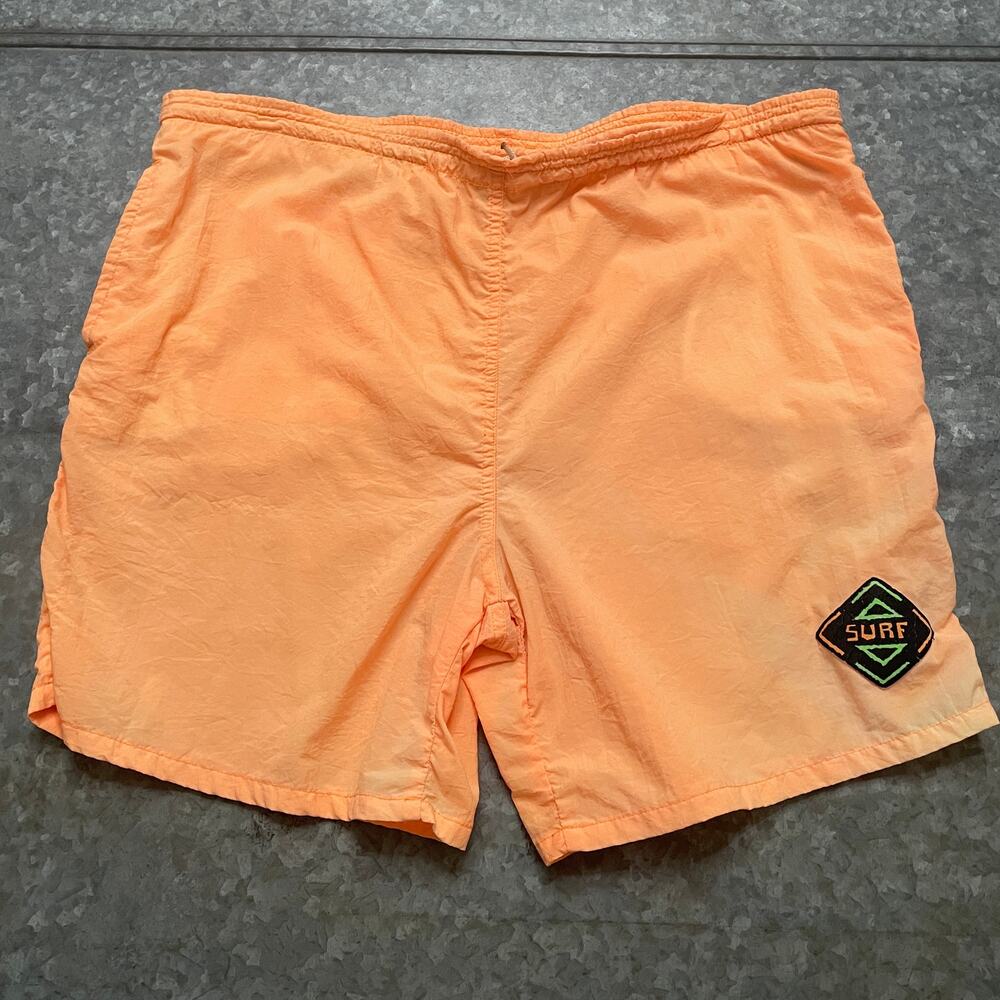 Vintage Surf Gear Neon Orange Nylon Shorts Mens Medium 32 / 34 Retro Surfing 90s